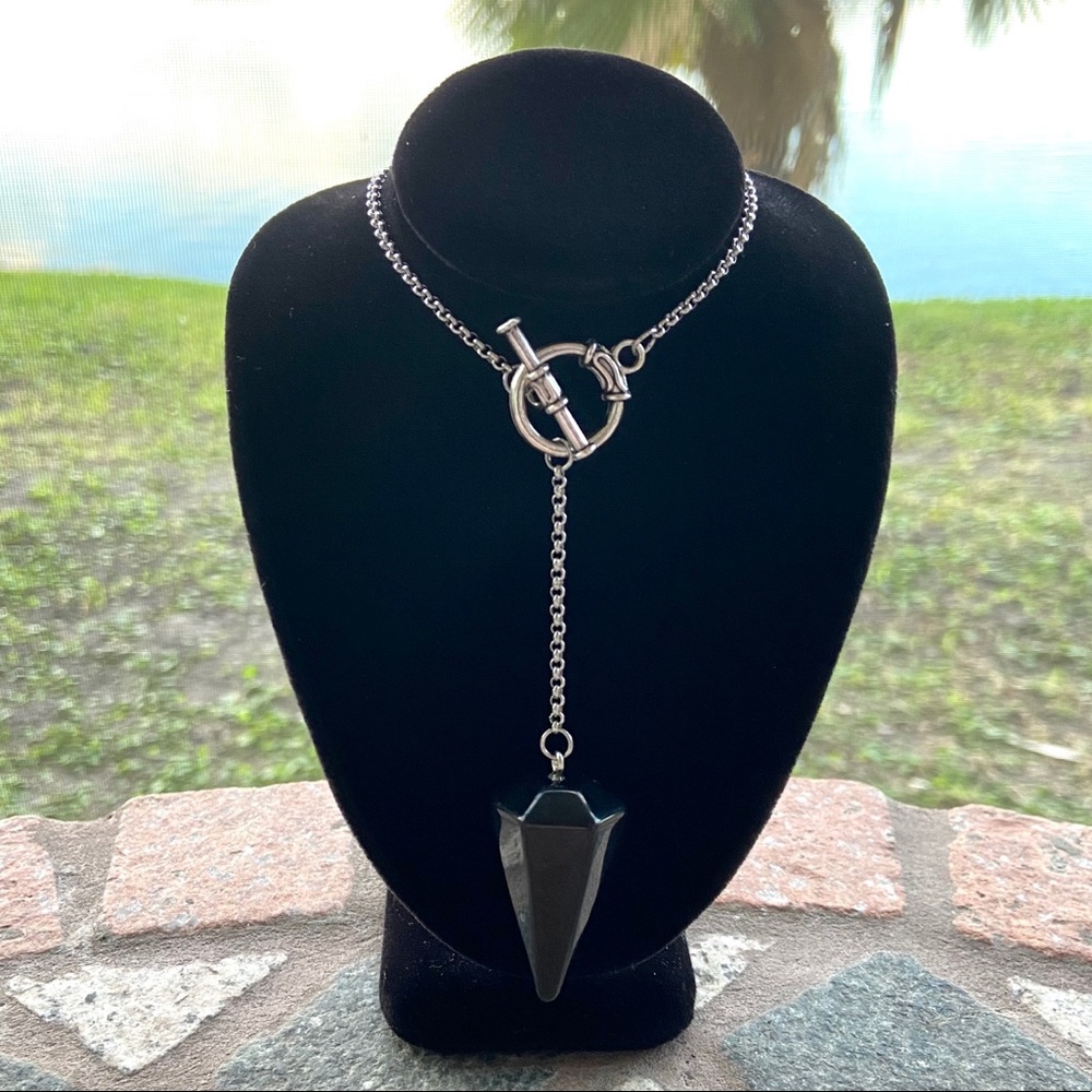 Onyx pendulum necklace . Stainless steel lariat Y shape onyx charm boho choker - Picture 7 of 13